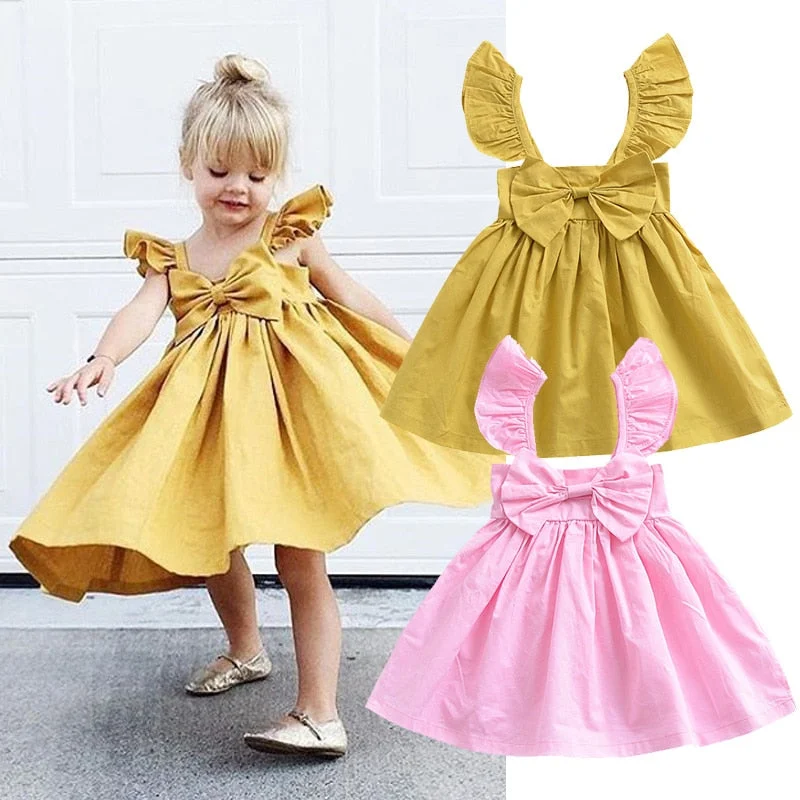 Summer Cotton Baby Girls Dress Infant Girl Baby Flying Sleeves Bowknot Sleeveless Dress Princess Dresses Casual Clothes 0-3Y