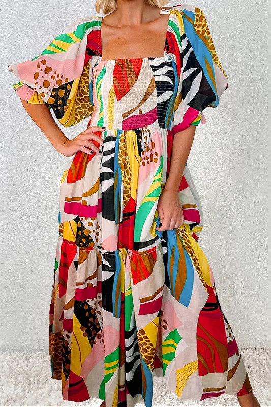 Deep Discounts summer floral dressPrinted Square Neck Short Sleeve Midi Dress