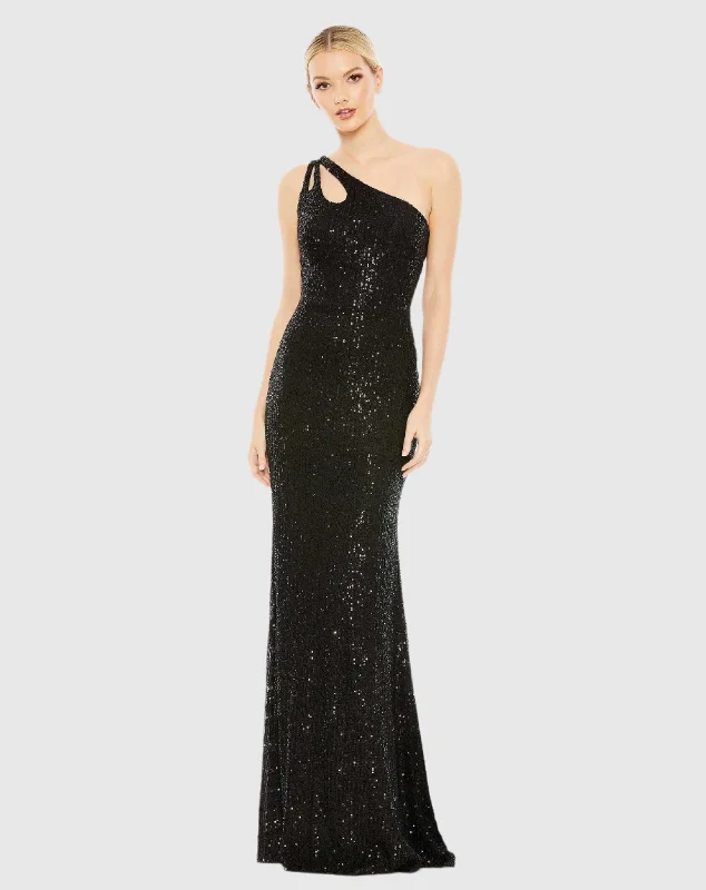 Black Sequined Strappy One Shoulder Column Gown