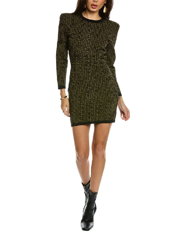 Balmain Short Monogram Jacquard Wool-Blend Mini Dress