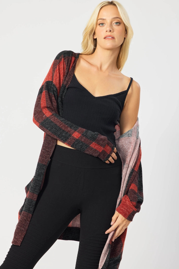 Discount Days sleek trench coatRED PLAID OPEN FRONT LONG CARDIGAN FSLSJ1001