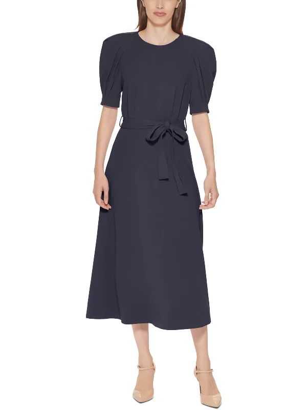 Womens Pleated A-Line Midi Dress