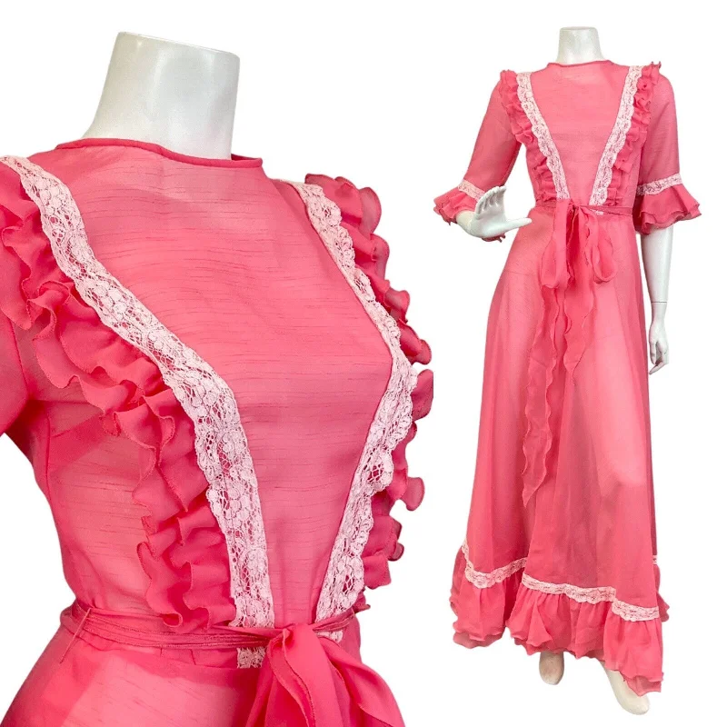 Huge Discounts VINTAGE 70s SALMON PINK WHITE RUFFLED LACE SHEER PRAIRIE BOHO MAXI DRESS 6 Huge Discounts VINTAGE 70s SALMON PINK WHITE RUFFLED LACE SHEER PRAIRIE BOHO MAXI DRESS 6