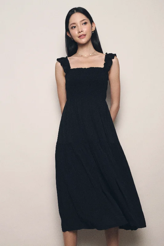 Discount Mania Cathy Flutter Smocked Midi Dress Black