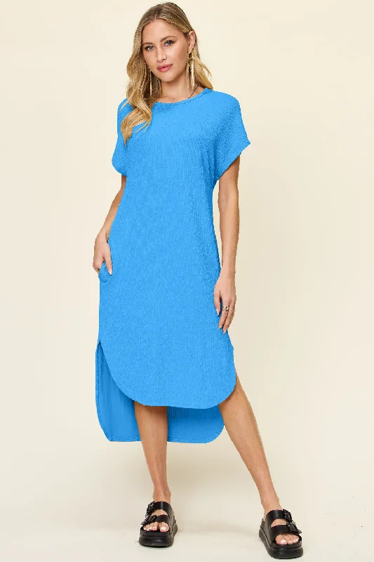 Stock Clearance lace-up dressDouble Take Full Size Round Neck Short Sleeve Slit Dress