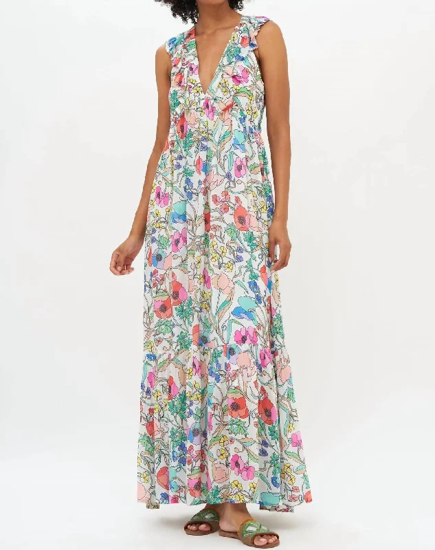 Best Seller denim dressRuffle V-Neck Maxi Dress In Zinnia Multi