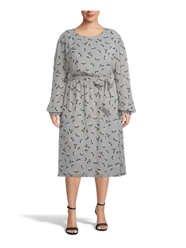 Epic Deals ANNE KLEIN Womens Tie Printed Long Sleeve Scoop Neck Midi Shift Dress