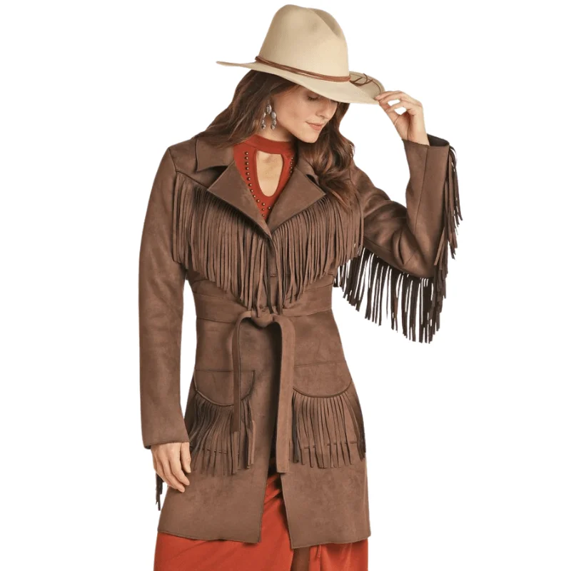 Big Discounts utility coatPanhandle Women's Powder River Brown Micro Suede Fringe Coat PRWO92RZWC