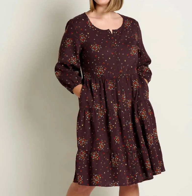 Manzana Tiered Long Sleeve Dress In Carob Floral Print