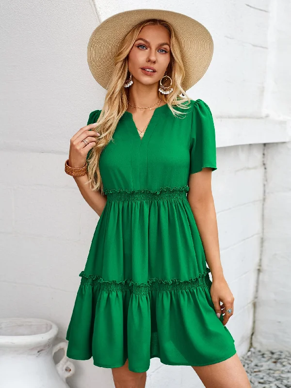 Final Clearance oversized dressFrill Notched Short Sleeve Mini Dress
