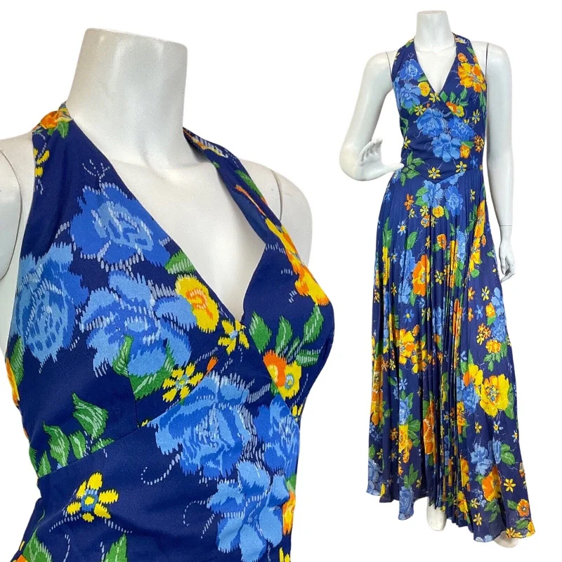 Final Clearance VINTAGE 60s 70s BLUE ORANGE YELLOW FLORAL ROSE HALTER SUMMER MAXI DRESS 8 Final Clearance VINTAGE 60s 70s BLUE ORANGE YELLOW FLORAL ROSE HALTER SUMMER MAXI DRESS 8
