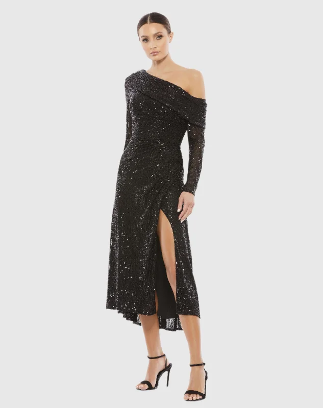 One Shoulder Sequin Long Sleeve Midi Dress - FINAL SALE