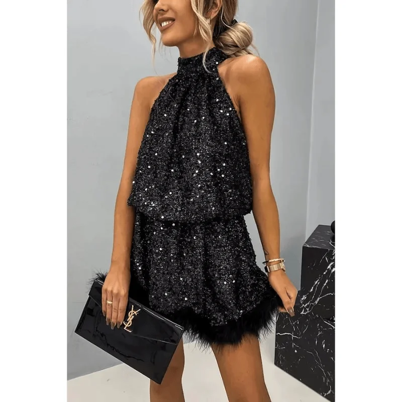 Women Sequin Dress Vintage Solid Neck-mounted