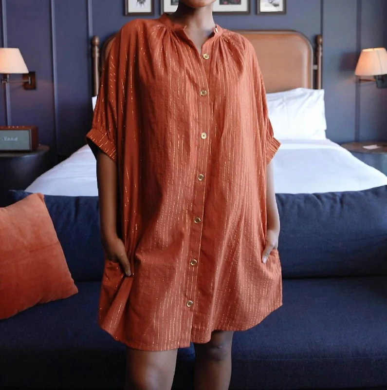 Loyalty Reward evening dressElastic Sleeve Dress In Rust Pin Stripe