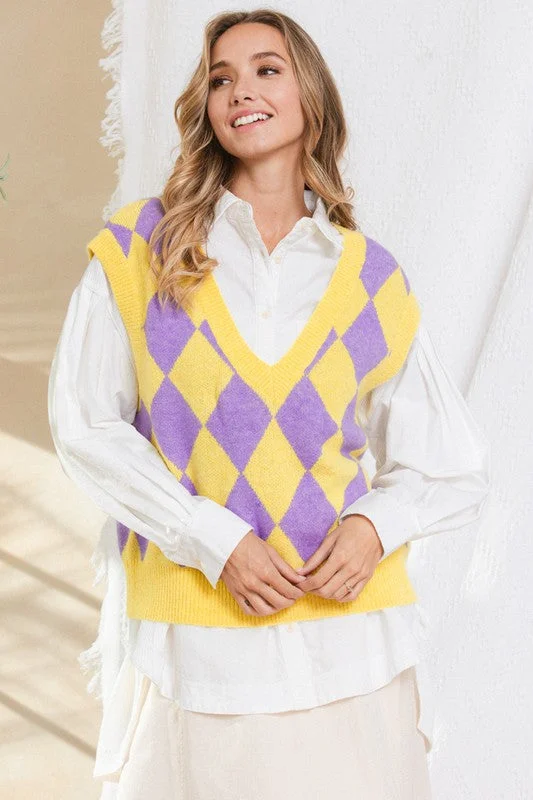 Holiday Sale winter coatYELLOW ARGYLE PRINT SLEEVELESS SWEATER VEST TIS12307