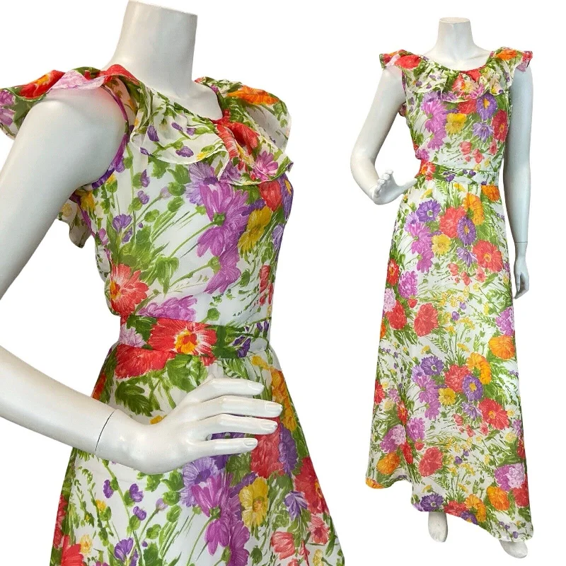 Early Access VTG 60s 70s WHITE BRIGHT MULTICOLOUR FLORAL RUFFLE NECK SUMMER MAXI DRESS 10 12 Early Access VTG 60s 70s WHITE BRIGHT MULTICOLOUR FLORAL RUFFLE NECK SUMMER MAXI DRESS 10 12