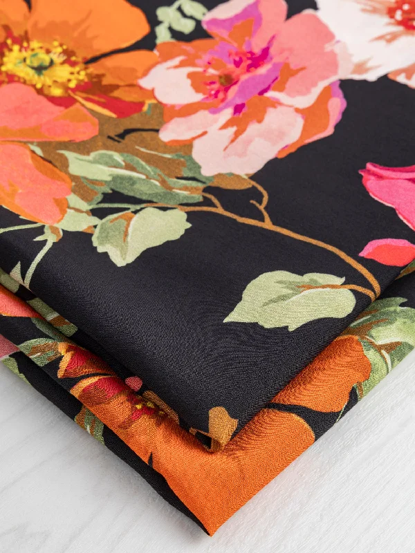 Large Poppy Floral Print Viscose Challis - Black + Red + Orange