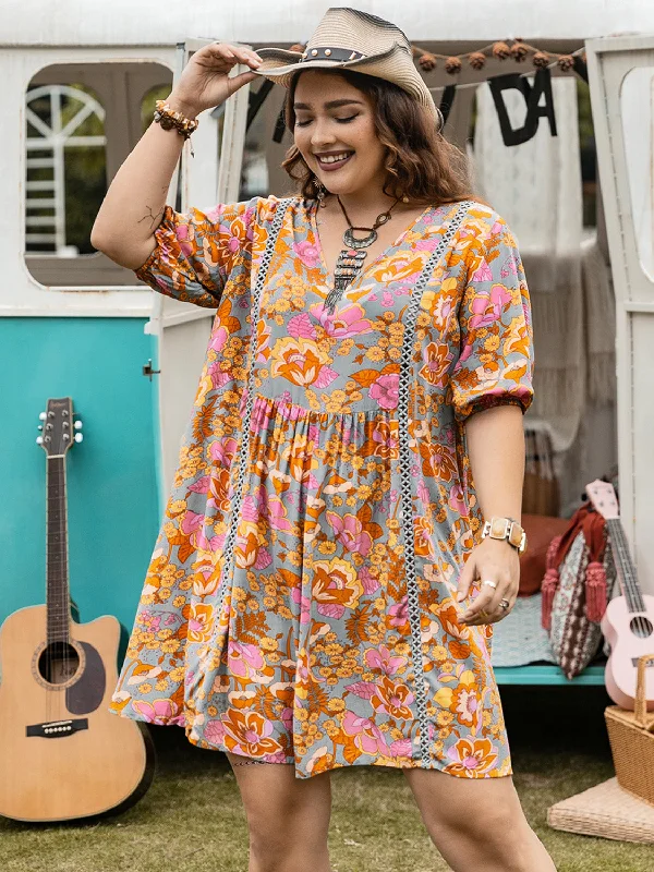Extra Savings mini dressPlus Size Ruched Printed Half Sleeve Mini Dress