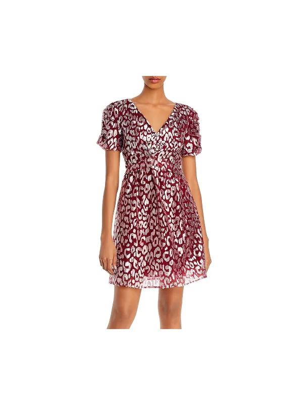 Price Fest AQUA Womens Patterned Short Sleeve V Neck Short Party Fit + Flare Dress