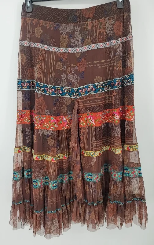 BIYA by JOHNNY WAS Brown Multi-Color Mesh Floral Tiered Size MEDIUM (M) Skirt