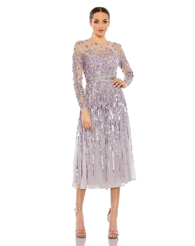 Year-End Clearance satin dressMac Duggal 93633 Long Sleeve Tea Length Dress