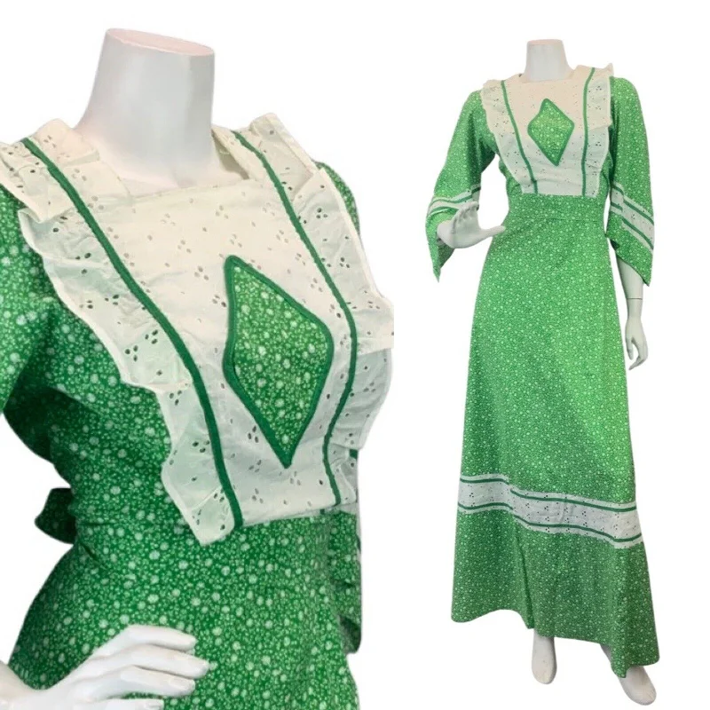 Extra Savings VINTAGE 60s 70s APPLE GREEN WHITE FLORAL DITSY LACE BOHO PRAIRIE MAXI DRESS 8 10 Extra Savings VINTAGE 60s 70s APPLE GREEN WHITE FLORAL DITSY LACE BOHO PRAIRIE MAXI DRESS 8 10