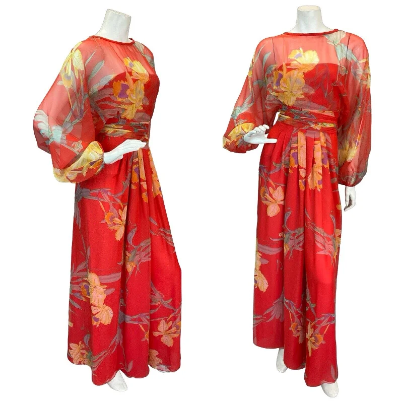 Savings Alert VTG 60S 70S RED ORANGE FLORAL PRINT BISHOP SLEEVE FLOATY MAXI DRESS 8 10 Savings Alert VTG 60S 70S RED ORANGE FLORAL PRINT BISHOP SLEEVE FLOATY MAXI DRESS 8 10