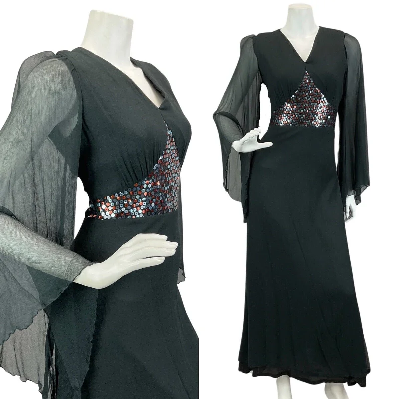 Hurry In VTG 60s 70s BLACK SEQUIN FLOATY ANGEL SLEEVE PARTY BOHO FOLK MAXI DRESS 10 12 Hurry In VTG 60s 70s BLACK SEQUIN FLOATY ANGEL SLEEVE PARTY BOHO FOLK MAXI DRESS 10 12