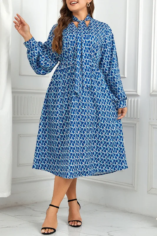 Best Bargains ashionable dressPlus Size Printed Tie Neck Midi Dress