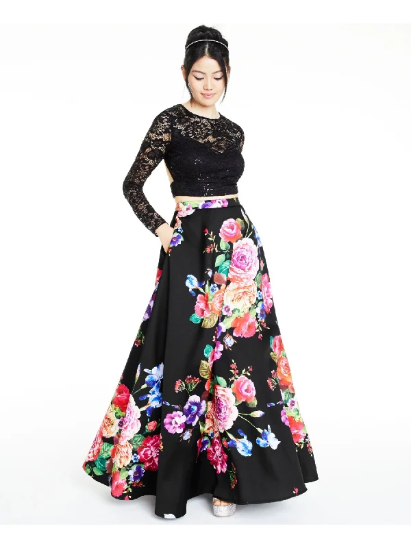 Take Advantage B DARLIN Womens Lace Floral Long Sleeve Round Neck Full-Length Evening A-Line Dress