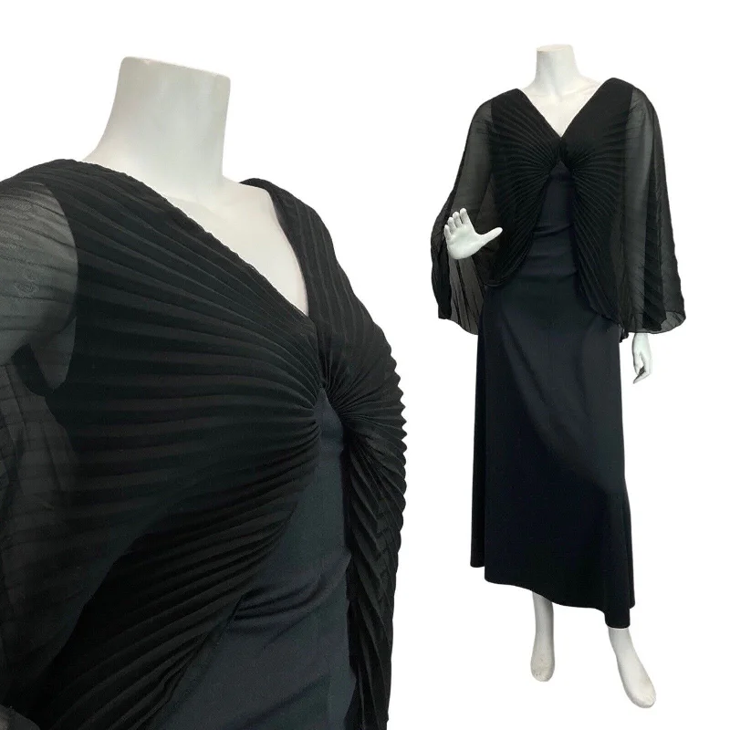 Price Rollback VINTAGE 60s 70s BLACK PLEATED CAPE SLEEVE EVENING ELEGANT GOWN MAXI DRESS 10 12