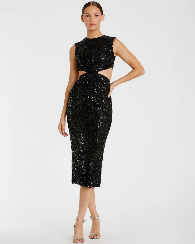 Black Sequin Front Twist Cut Out Column Dress - FINAL SALE