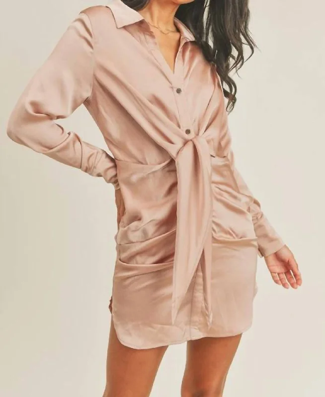 Year-End Sale sleek dressFront Tie Shirt Mini Dress In Taupe