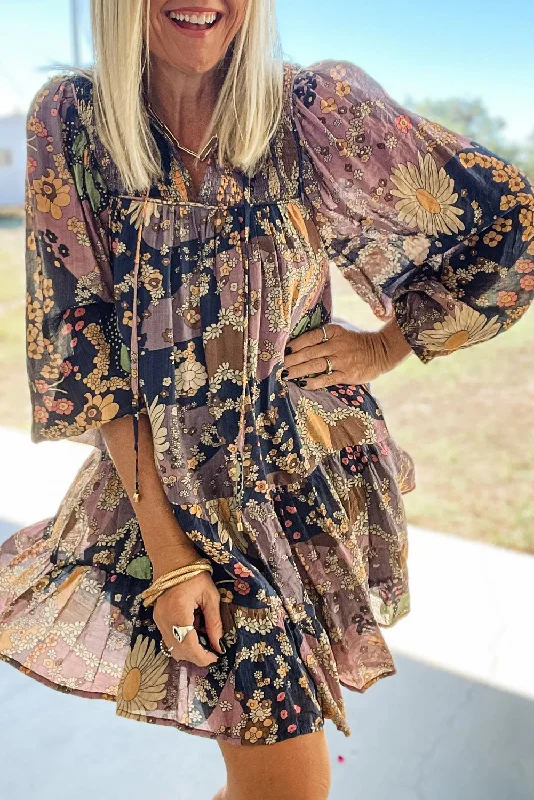 Purple Boho Floral Print Puff Sleeve Flowy Mini Dress