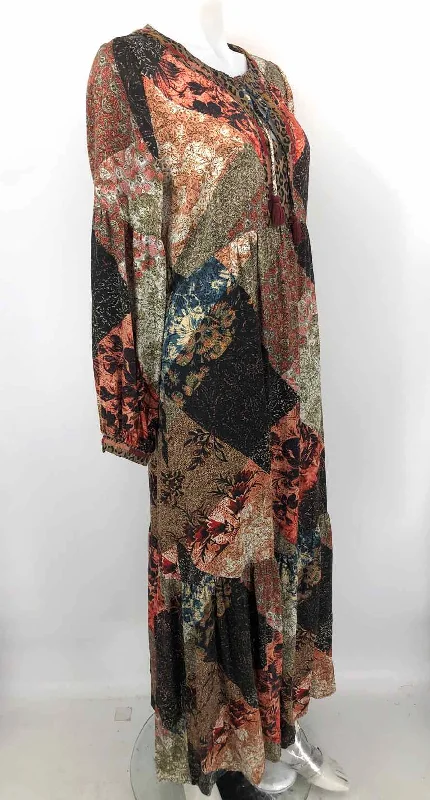 JOHNNY WAS Peach & Olive Blue Multi Silk Print Maxi Length Size SMALL (S) Dress