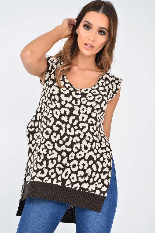 Anniversary Sale modern sweatshirtBrown Leopard Knit Sleeveless Jumper - Docie