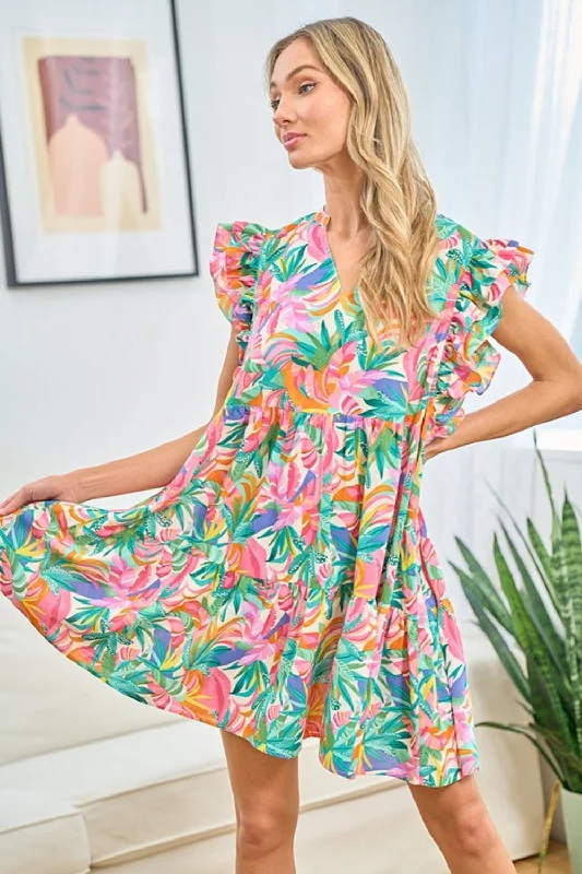 Time-Limited Offer winter dressFirst Love Ruffled Printed Notched Cap Sleeve Dress
