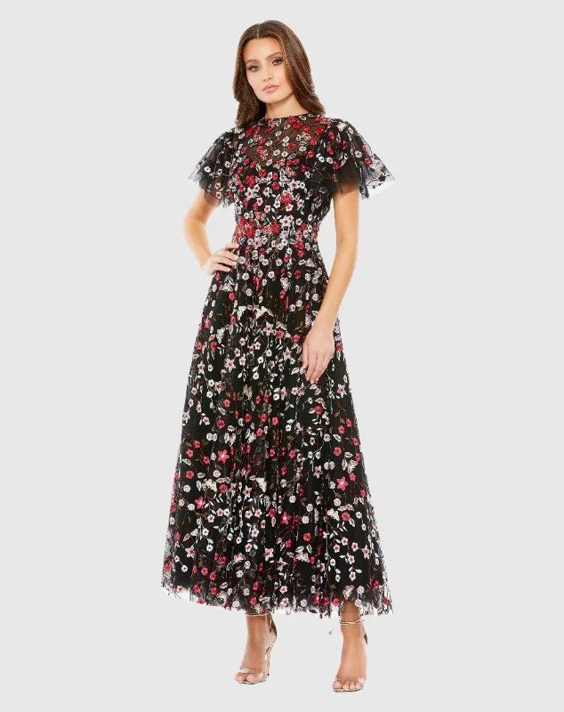 Embellished Butterfly Tea Length A Line Dress