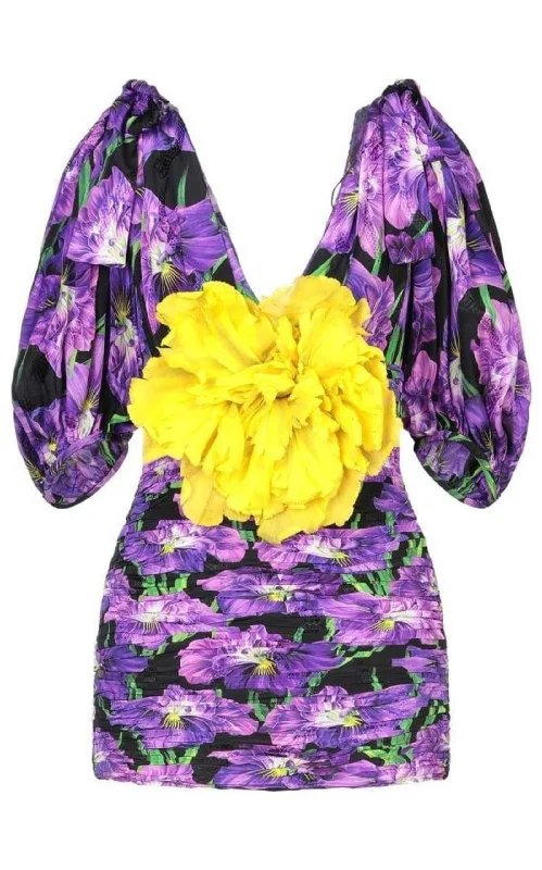 Low Prices casual shift dressPurple Floral Pattern Silk Dress