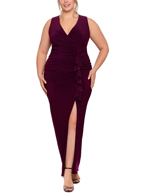 Special Price velvet dressPlus Womens Ruffled V Neck Maxi Dress