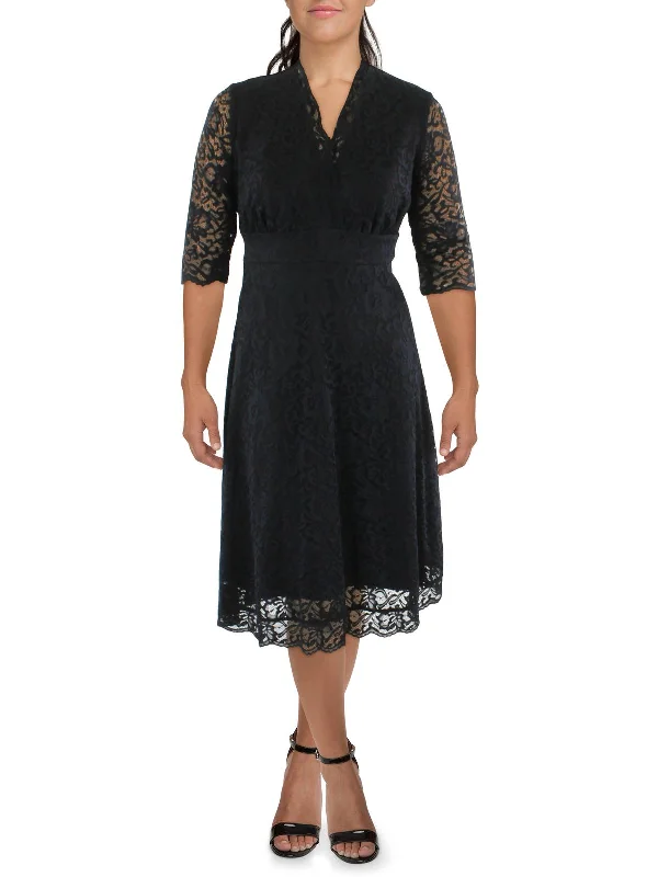 Plus Womens Lace Midi Cocktail and Party Dress