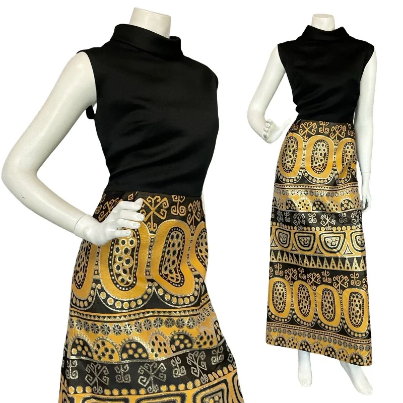 Deal of the Week VTG 60S 70S AZTEC HIPPY BLACK GOLD YELLOW METALLIC SLEEVELESS MAXI DRESS 14