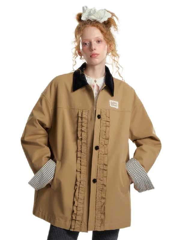 Limited Availability wool-blend coatContrast Collar Ruffle Trim Padded Jacket
