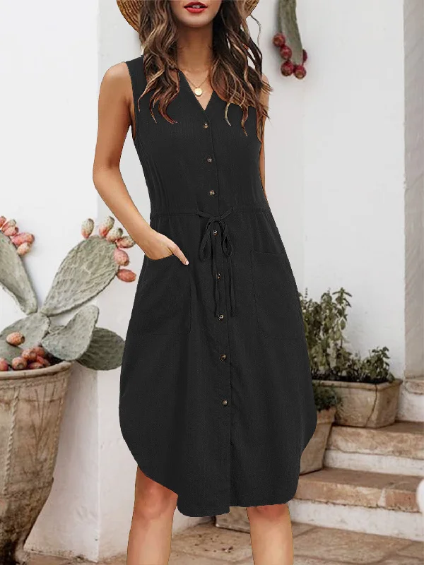 Inventory Reduction velvet dressDrawstring Button Up Notched Sleeveless Dress