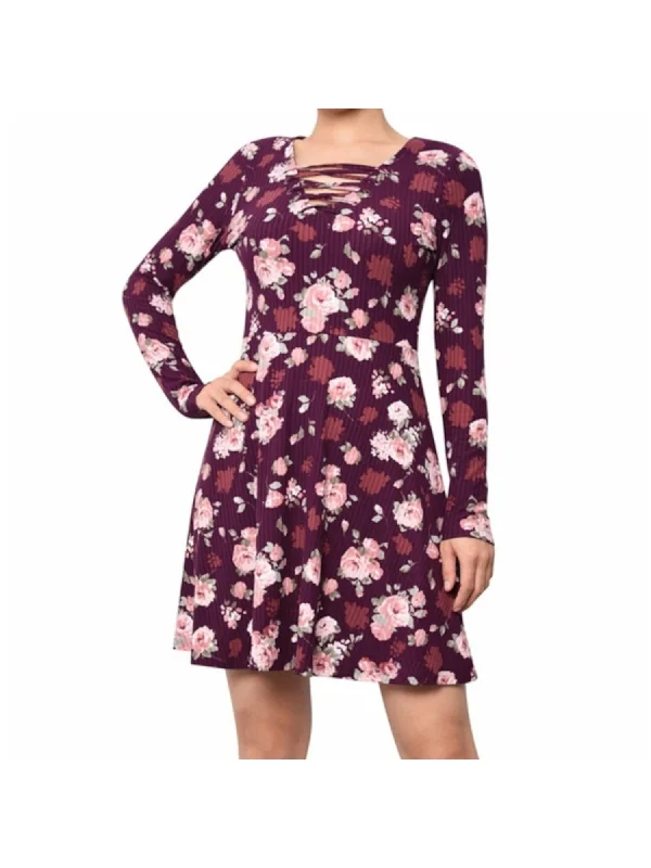 Extra Discounts PLANET GOLD Womens Floral Long Sleeve V Neck Above The Knee Fit + Flare Dress