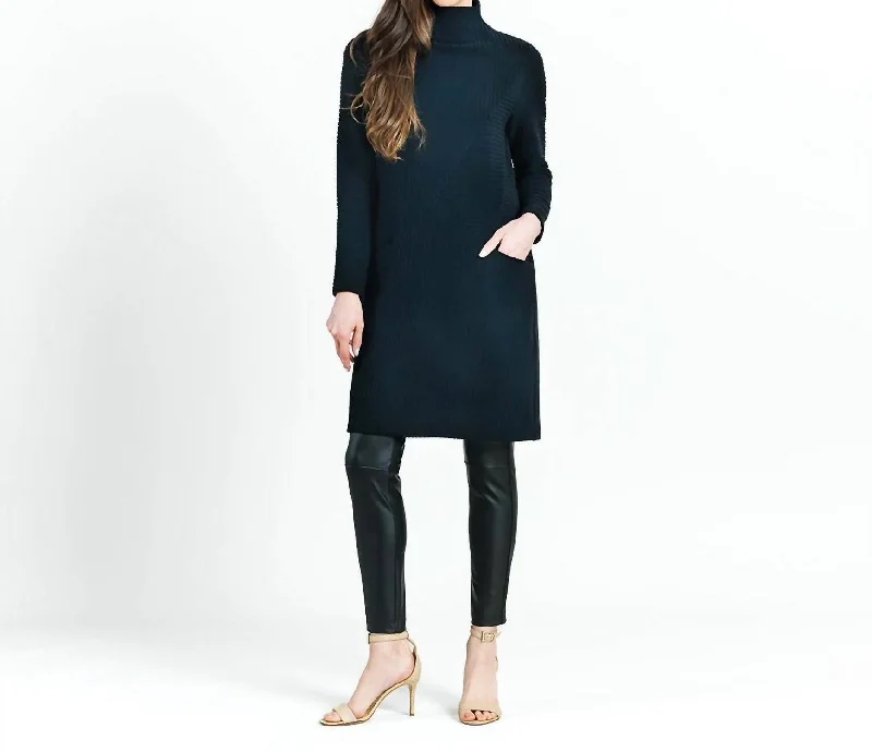 Funnel Tunic Rib Knit Dress In Black