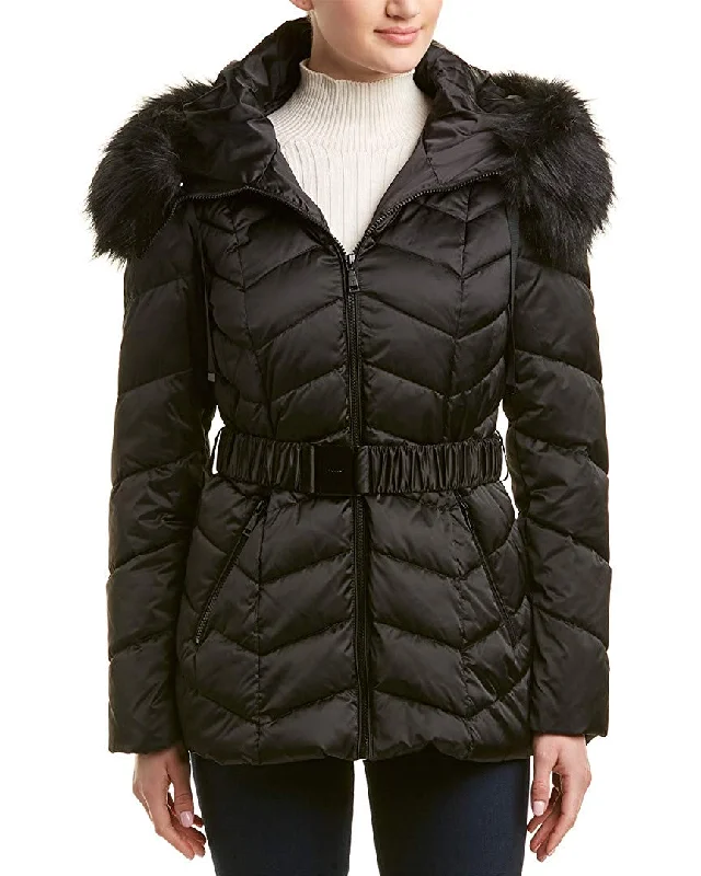 Super Sale warm outerwearT Tahari Women's Leon Faux Fur Trim Hood Belted Coat Short Jacket Black