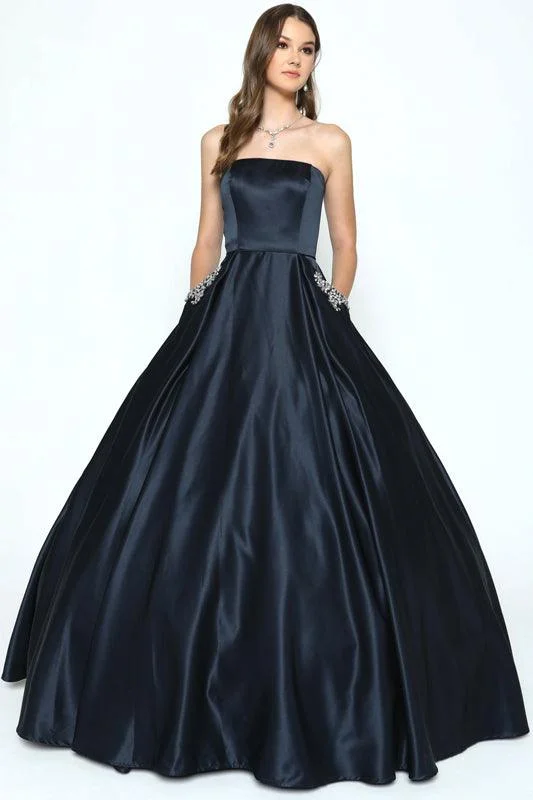 Take Advantage satin midi dressQuinceanera Prom Long Strapless Beaded Ball Gown