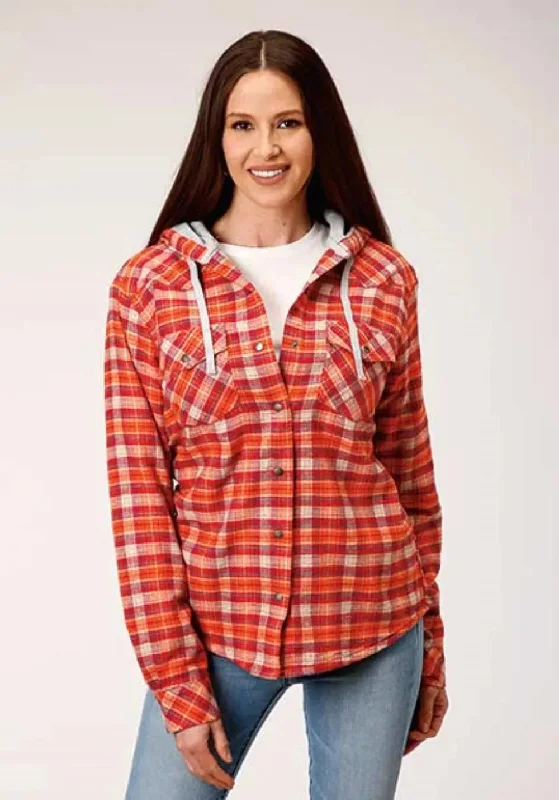 Buy More, Save More retro coatRoper Thermal Flannel Hoodie (Orange) - Women's Flannel Button Down Hoodie Sweatshirt