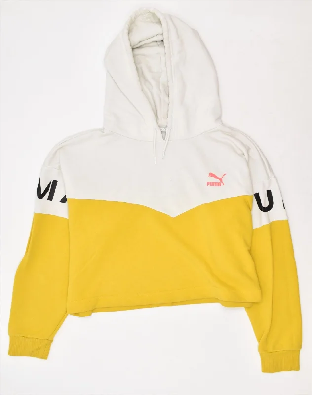 Savings Galore graphic hoodiePUMA Womens Crop Hoodie Jumper UK 14 Medium Yellow Colourblock Cotton Savings Galore graphic hoodiePUMA Womens Crop Hoodie Jumper UK 14 Medium Yellow Colourblock Cotton